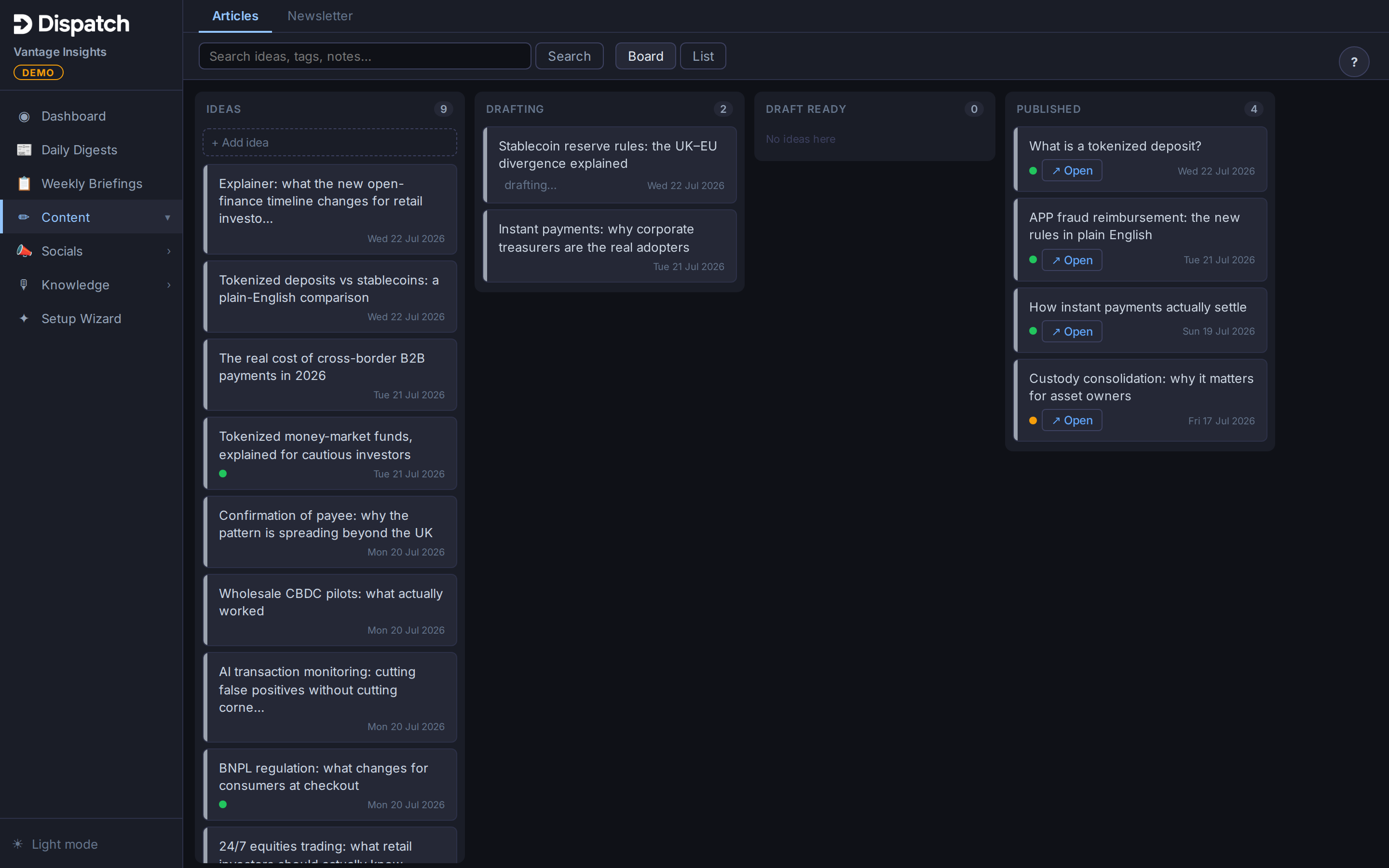 The content board in the Dispatch portal: drafts moving through review to published