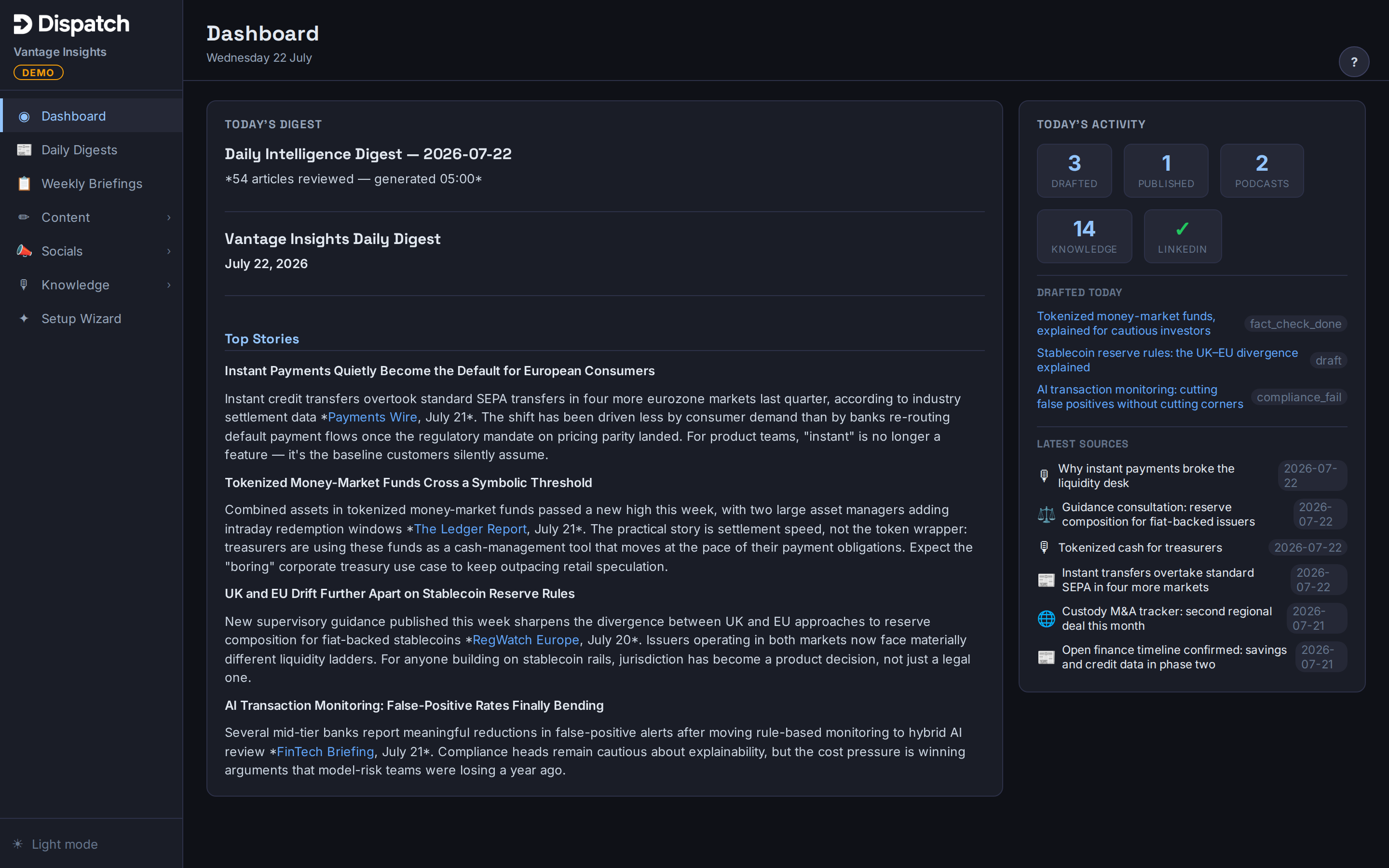 The Dispatch dashboard: pipeline overview, latest monitored sources and items needing attention