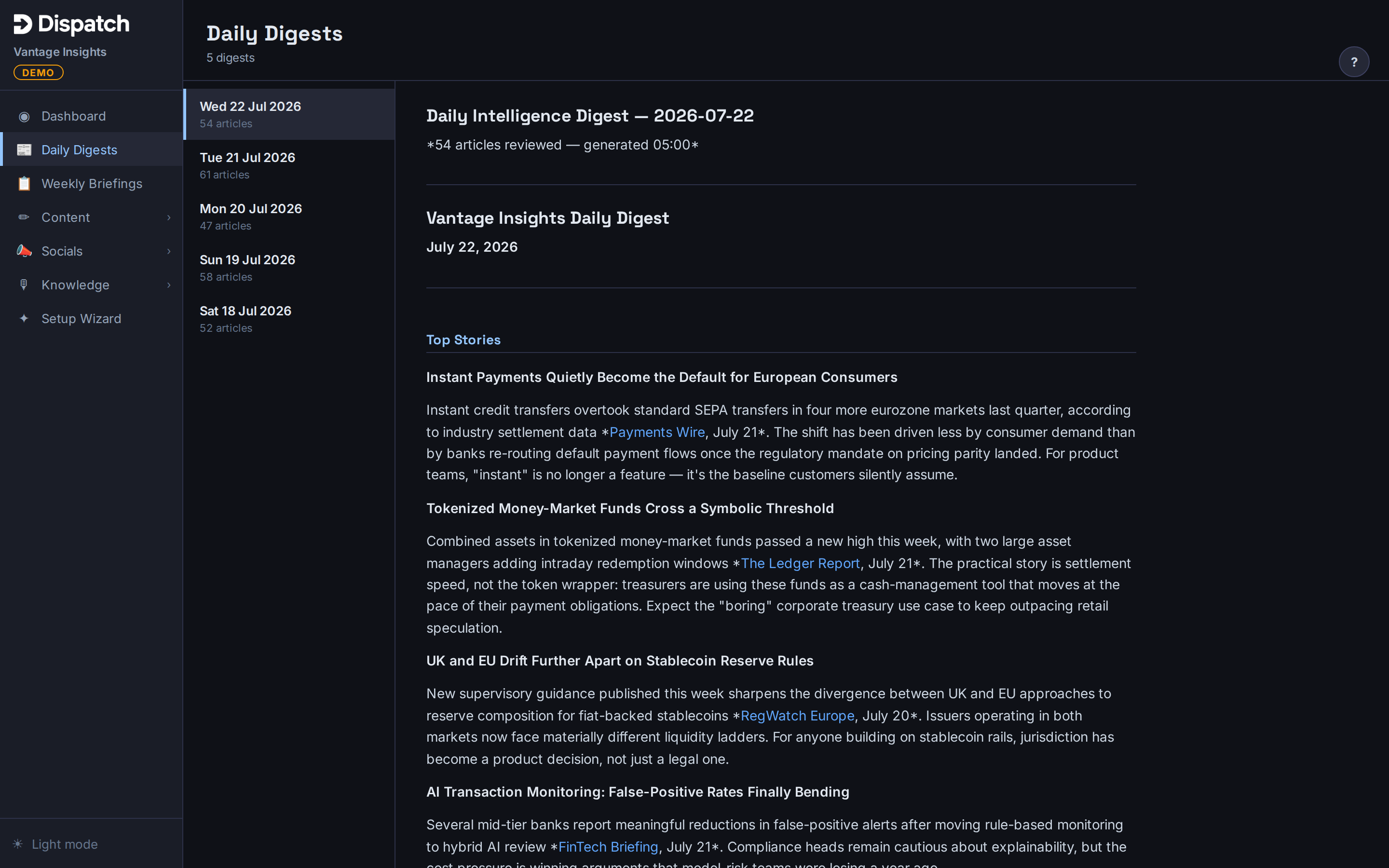 A daily digest in the Dispatch portal: numbered industry stories with sources and summaries
